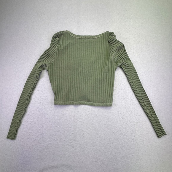 Aerie Shirt Women's Large Long Sleeve Cropped Ribbed Button Front Green Stretch - Picture 3 of 5